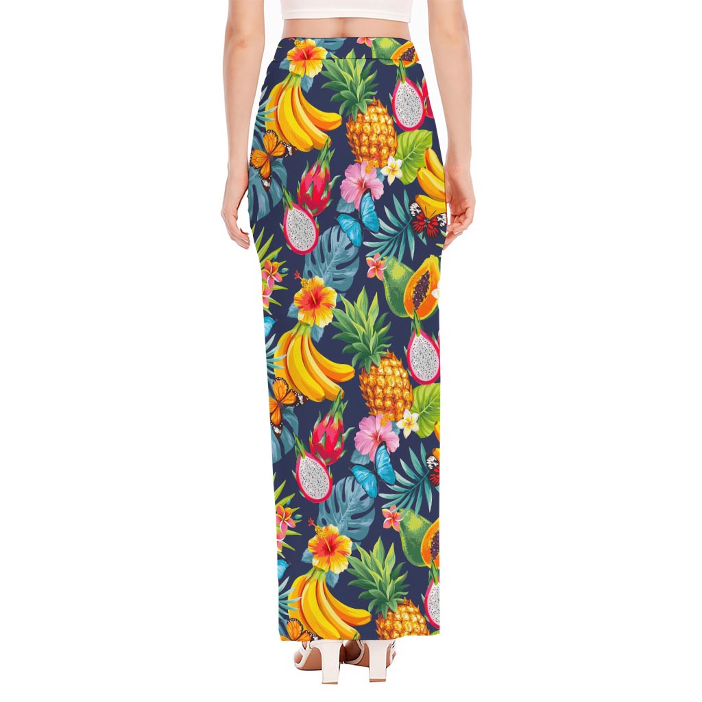 Aloha Tropical Fruits Pattern Print High Slit Maxi Skirt