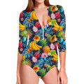 Aloha Tropical Fruits Pattern Print Long Sleeve Swimsuit