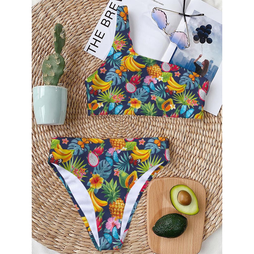 Aloha Tropical Fruits Pattern Print One Shoulder Bikini Top