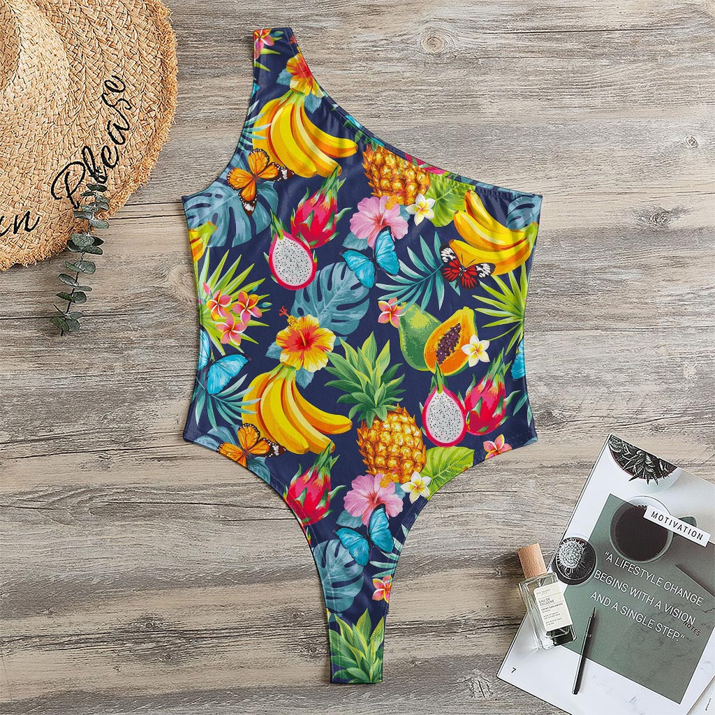 Aloha Tropical Fruits Pattern Print One Shoulder Bodysuit
