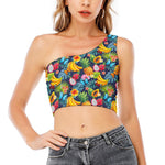 Aloha Tropical Fruits Pattern Print One Shoulder Crop Top