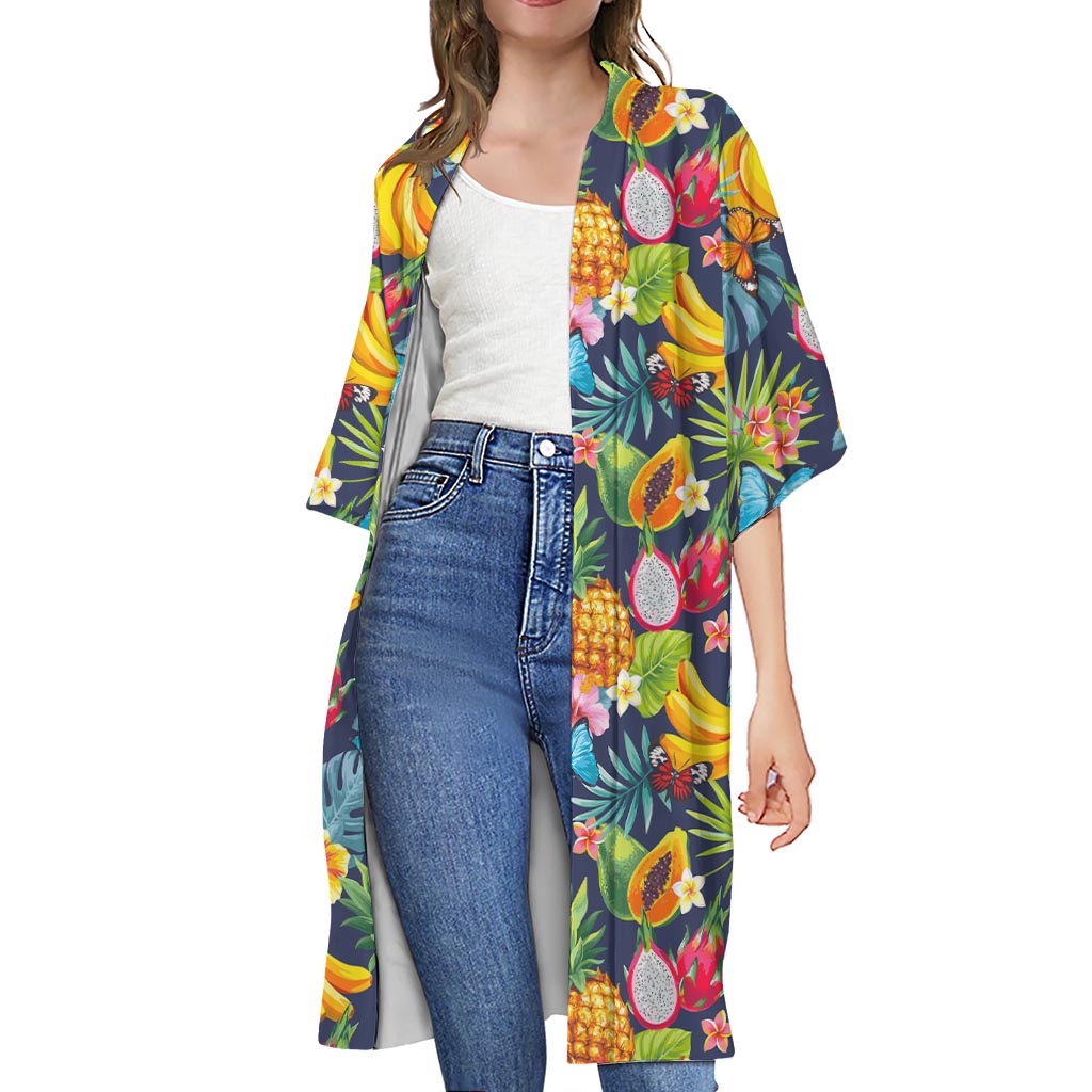 Aloha Tropical Fruits Pattern Print Open Front Beach Cover Up