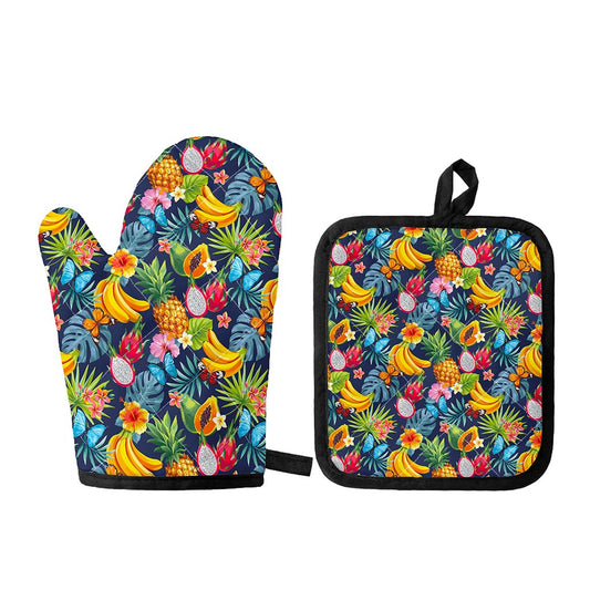 Aloha Tropical Fruits Pattern Print Oven Mitt And Pot Holder Set