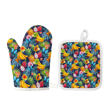 Aloha Tropical Fruits Pattern Print Oven Mitt And Pot Holder Set