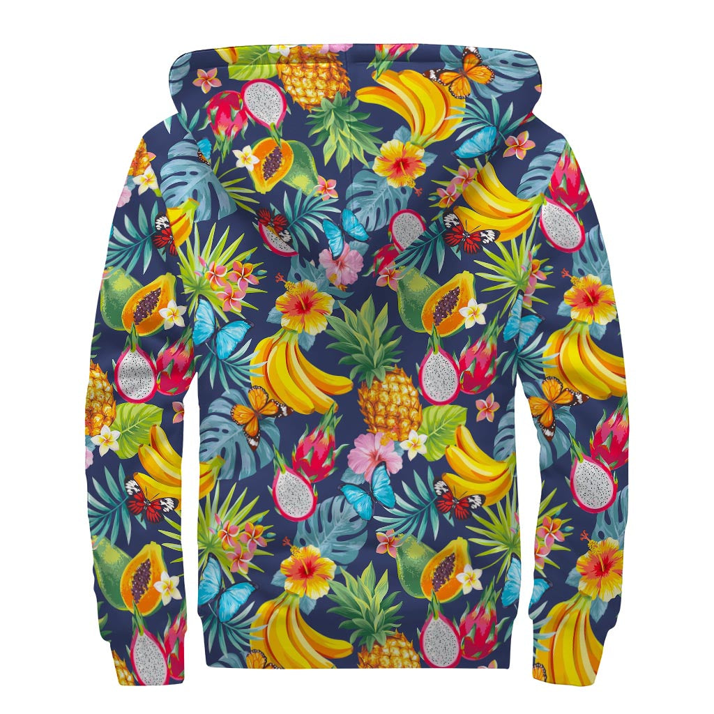 Aloha Tropical Fruits Pattern Print Sherpa Lined Zip Up Hoodie