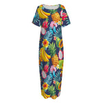 Aloha Tropical Fruits Pattern Print Short Sleeve Long Nightdress