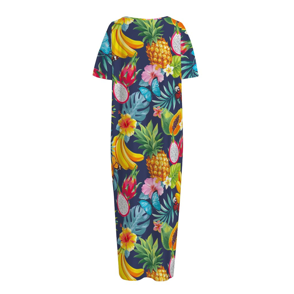 Aloha Tropical Fruits Pattern Print Short Sleeve Long Nightdress