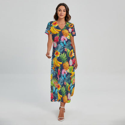 Aloha Tropical Fruits Pattern Print Short Sleeve Maxi Dress