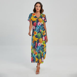 Aloha Tropical Fruits Pattern Print Short Sleeve Maxi Dress