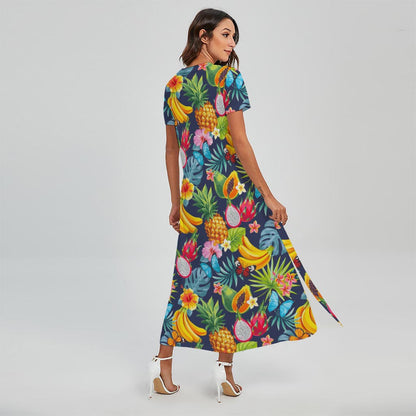 Aloha Tropical Fruits Pattern Print Short Sleeve Maxi Dress