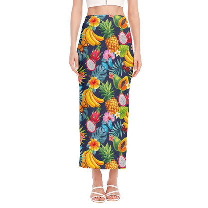 Aloha Tropical Fruits Pattern Print Side Slit Maxi Skirt