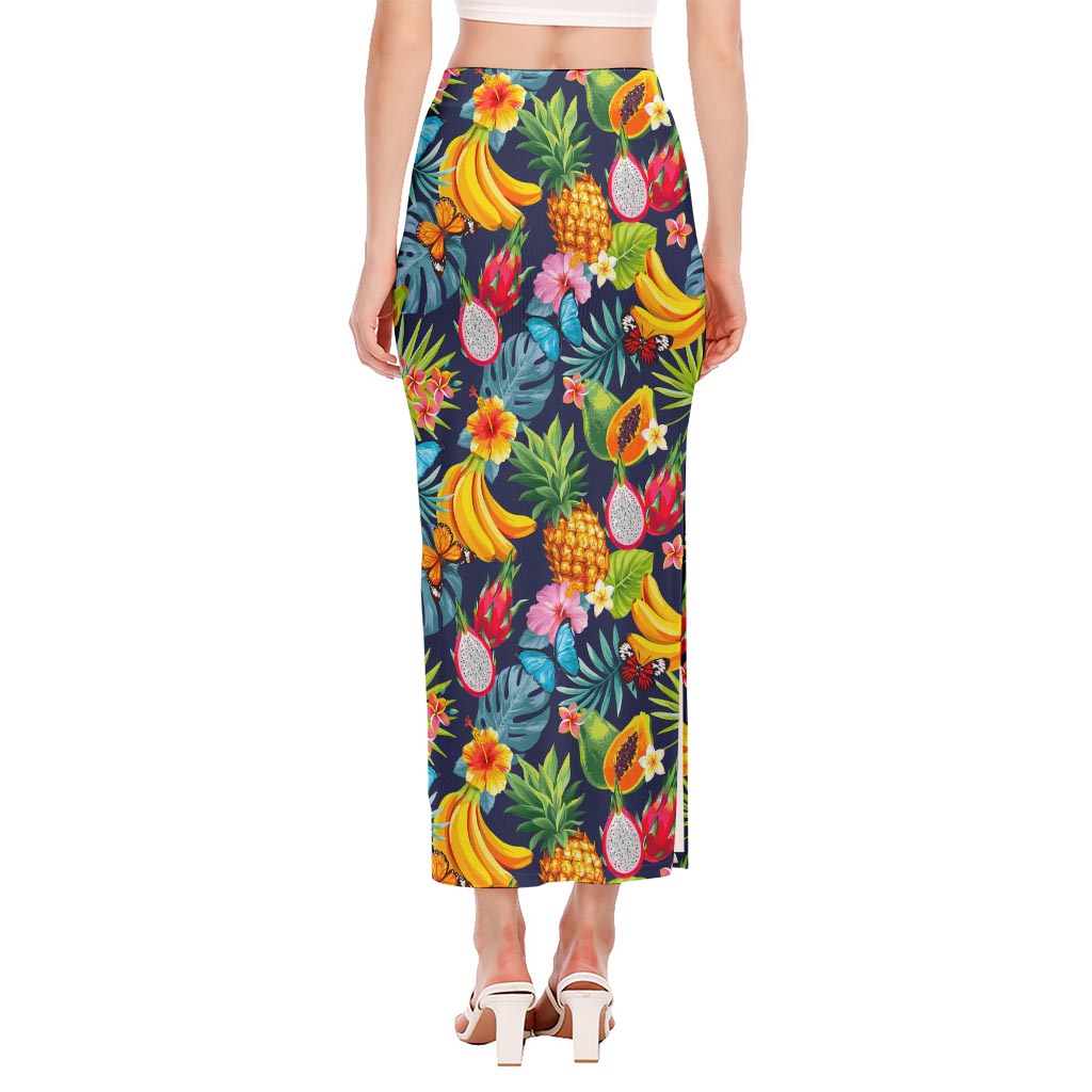 Aloha Tropical Fruits Pattern Print Side Slit Maxi Skirt