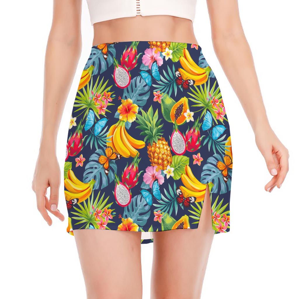 Aloha Tropical Fruits Pattern Print Side Slit Mini Skirt