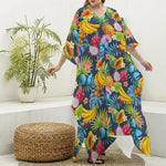 Aloha Tropical Fruits Pattern Print Silk V-Neck Kaftan Dress