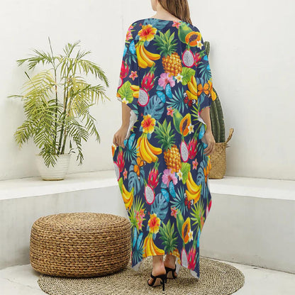 Aloha Tropical Fruits Pattern Print Silk V-Neck Kaftan Dress