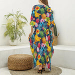 Aloha Tropical Fruits Pattern Print Silk V-Neck Kaftan Dress