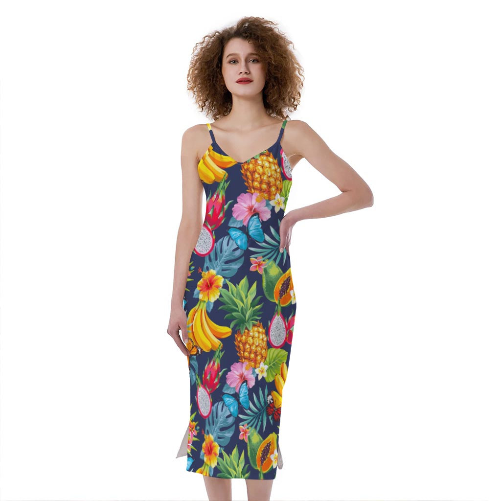 Aloha Tropical Fruits Pattern Print Slim Fit Midi Cami Dress
