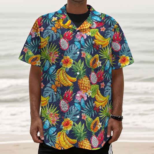 Aloha Tropical Fruits Pattern Print Textured Short Sleeve Shirt