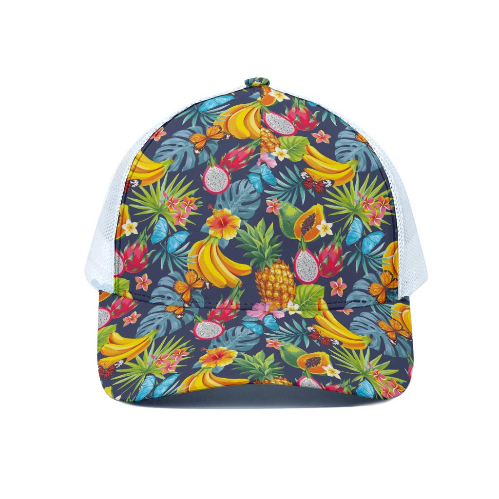 Aloha Tropical Fruits Pattern Print White Mesh Trucker Cap