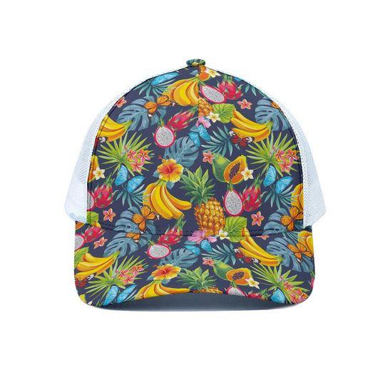 Aloha Tropical Fruits Pattern Print White Mesh Trucker Cap