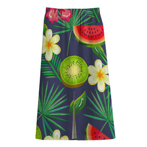 Aloha Tropical Watermelon Pattern Print Cotton Front Slit Maxi Skirt