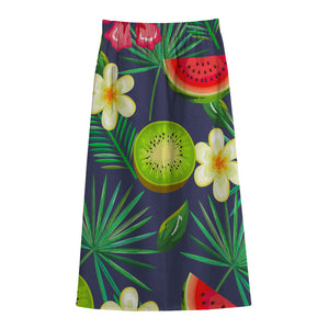 Aloha Tropical Watermelon Pattern Print Cotton Front Slit Maxi Skirt