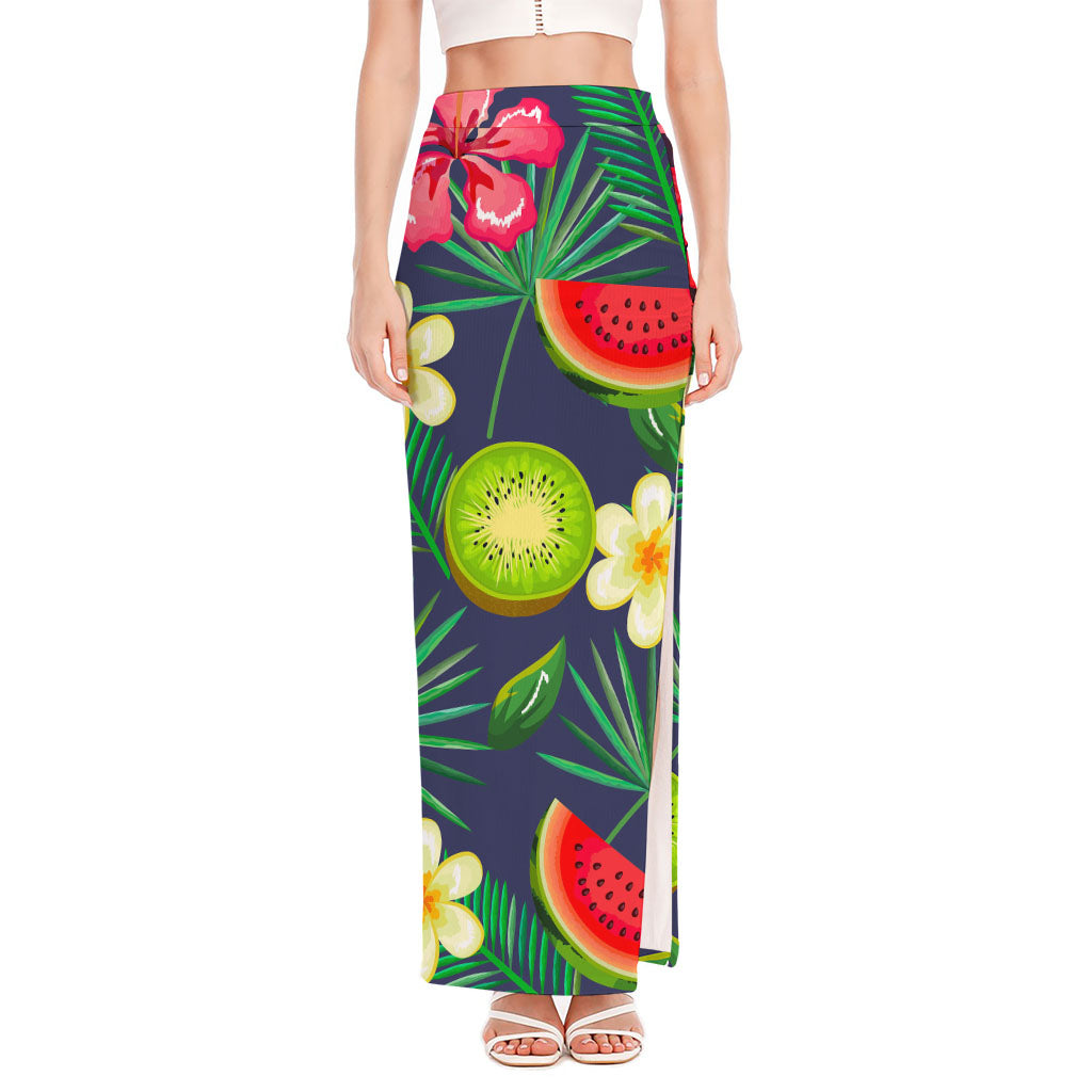 Aloha Tropical Watermelon Pattern Print High Slit Maxi Skirt