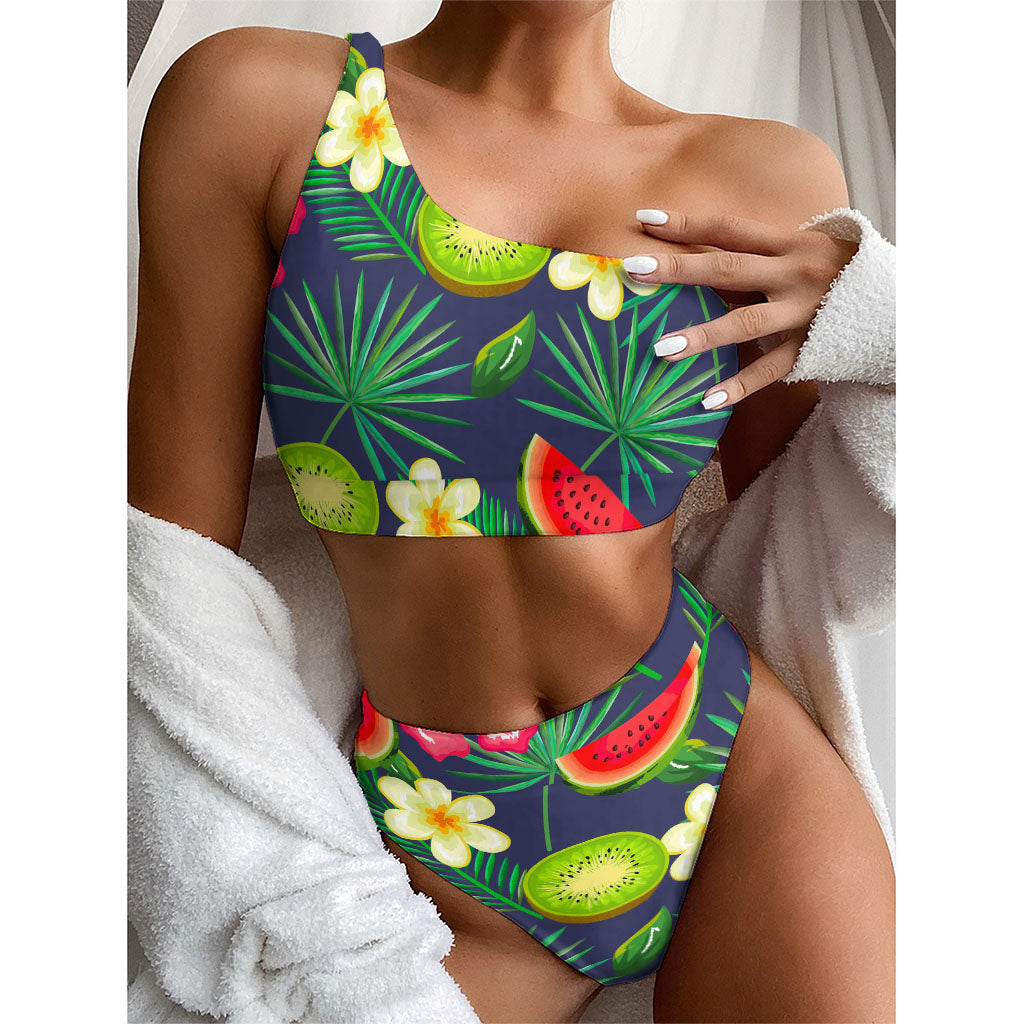 Aloha Tropical Watermelon Pattern Print One Shoulder Bikini Top