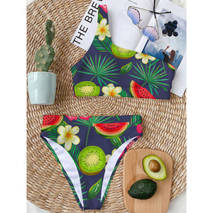 Aloha Tropical Watermelon Pattern Print One Shoulder Bikini Top