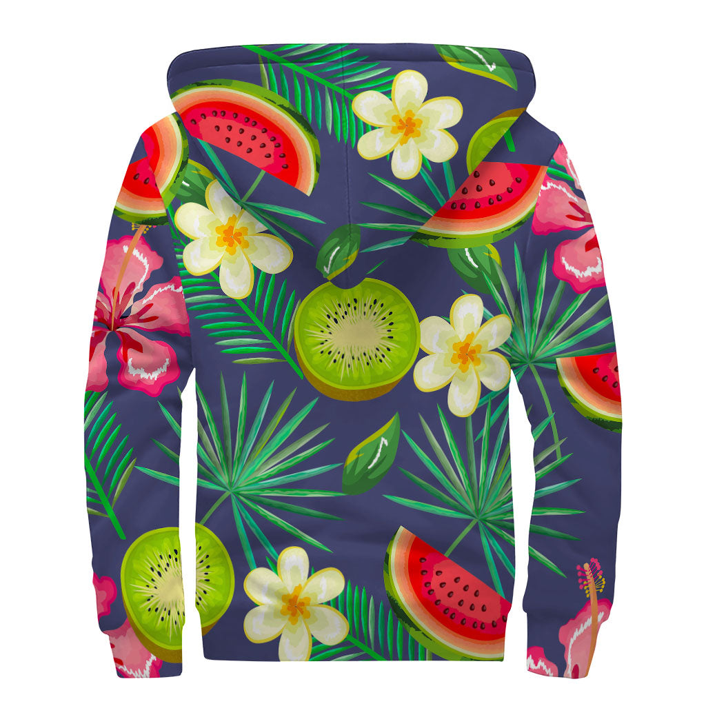 Aloha Tropical Watermelon Pattern Print Sherpa Lined Zip Up Hoodie