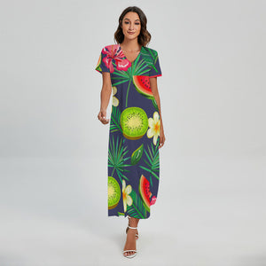 Aloha Tropical Watermelon Pattern Print Short Sleeve Maxi Dress