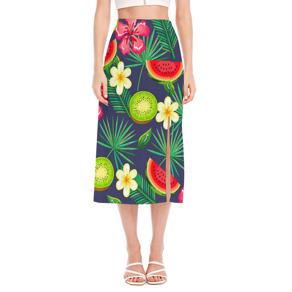 Aloha Tropical Watermelon Pattern Print Side Slit Midi Skirt