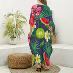 Aloha Tropical Watermelon Pattern Print Silk V-Neck Kaftan Dress