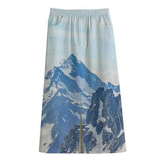 Alps Mountain Print Cotton Front Slit Maxi Skirt