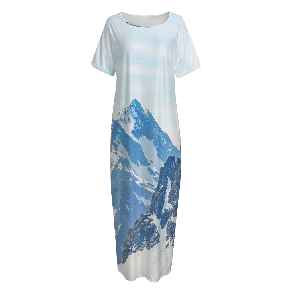 Alps Mountain Print Short Sleeve Long Nightdress