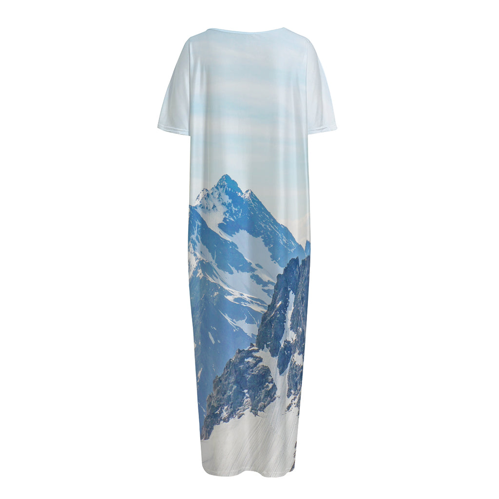 Alps Mountain Print Short Sleeve Long Nightdress
