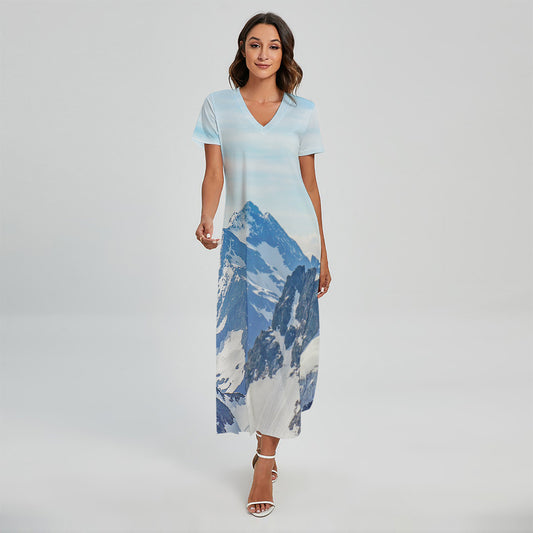 Alps Mountain Print Short Sleeve Maxi Dress
