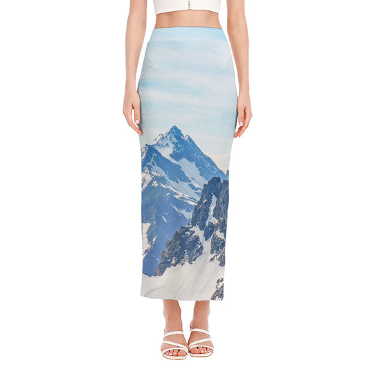 Alps Mountain Print Side Slit Maxi Skirt