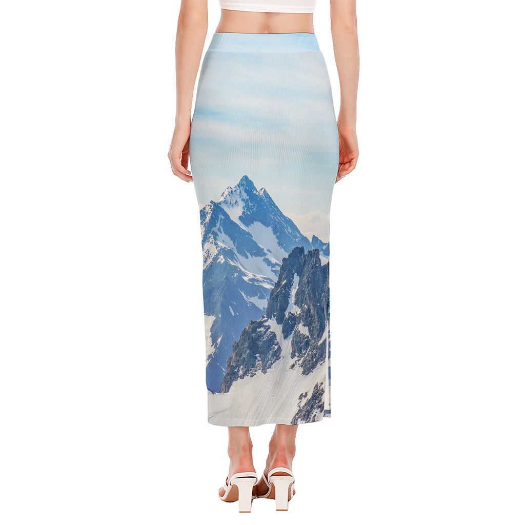 Alps Mountain Print Side Slit Maxi Skirt