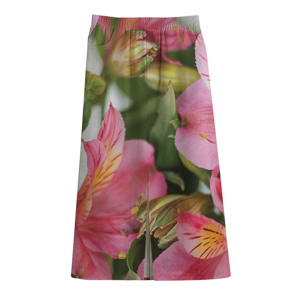 Alstroemeria Flower Print Cotton Front Slit Maxi Skirt