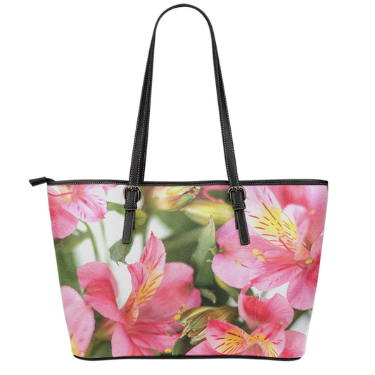 Alstroemeria Flower Print Leather Tote Bag