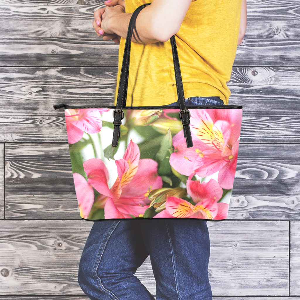 Alstroemeria Flower Print Leather Tote Bag