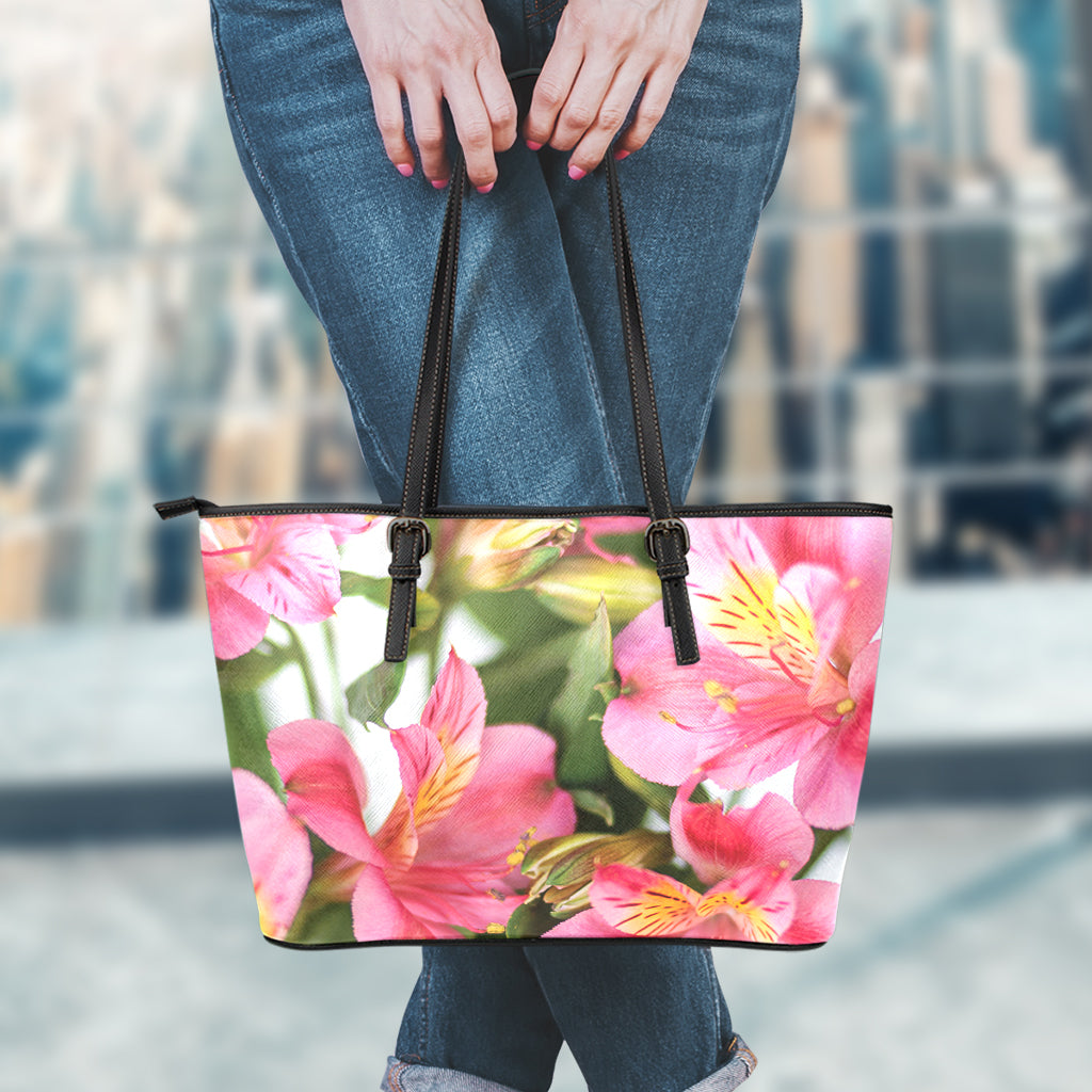 Alstroemeria Flower Print Leather Tote Bag