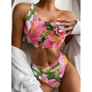 Alstroemeria Flower Print One Shoulder Bikini Top