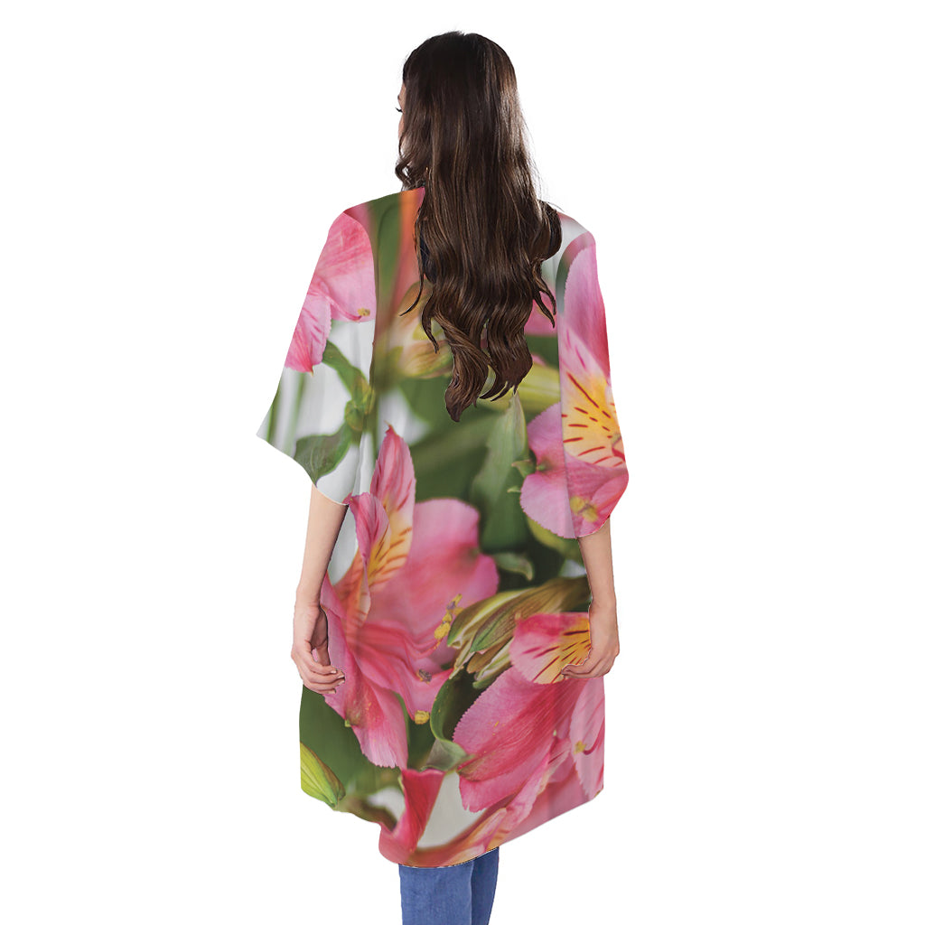 Alstroemeria Flower Print Open Front Beach Cover Up