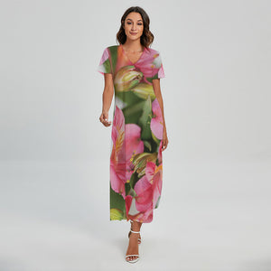 Alstroemeria Flower Print Short Sleeve Maxi Dress