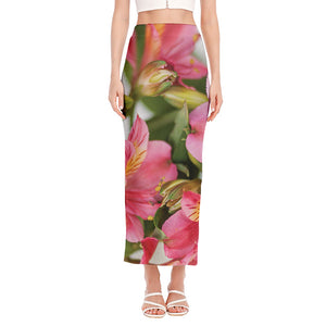 Alstroemeria Flower Print Side Slit Maxi Skirt