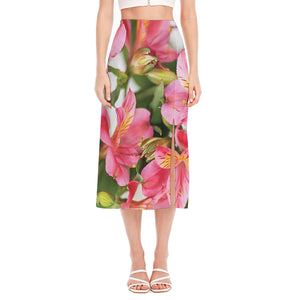 Alstroemeria Flower Print Side Slit Midi Skirt