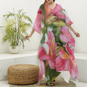 Alstroemeria Flower Print Silk V-Neck Kaftan Dress