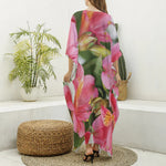 Alstroemeria Flower Print Silk V-Neck Kaftan Dress